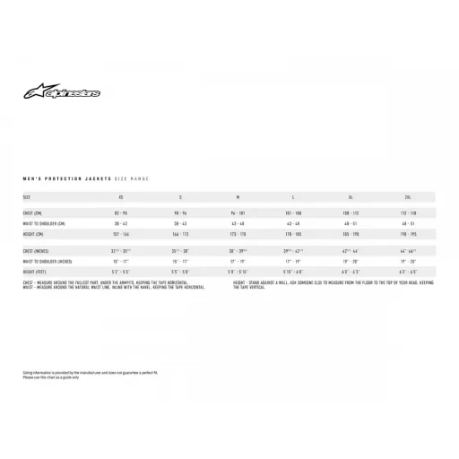 Alpinestars mérettábla