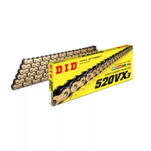 DID MEGHAJTÓLÁNC 520VX3GB-90 (90 SZEMES) ARANY X-RING (NYITOTT + PATTINTÓS SZEM)