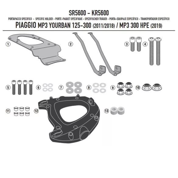KAPPA KÖZPONTI DOBOZTARTÓ KONZOL PIAGGIO MP3 YOURBAN 125/300, HPE 300 '11-'24 ( MONOKEY PLATNIVAL )