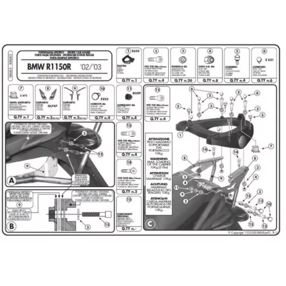 KAPPA HÁTSÓ DOBOZTARTÓ KONZOL BMW R 1150R (01-06), R 850R (03-07) (MONOKEY PLATNIVAL)