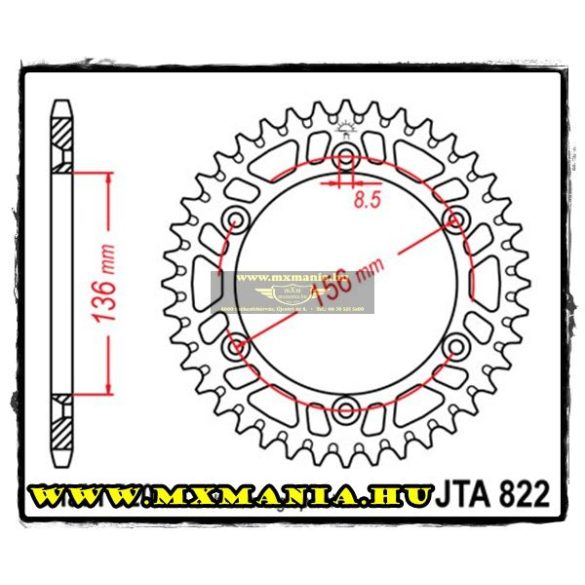 JT Sprockets hátsó lánckerék, ALU 822, Husqvarna, Gas-Gas, Suzuki OffRoad motorokhoz