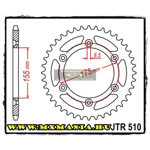 JT Sprockets hátsó lánckerék, 510, Husqvarna Off Road 125-250-260 WRK Enduro,Cagiva Off Road 125-250 WMX